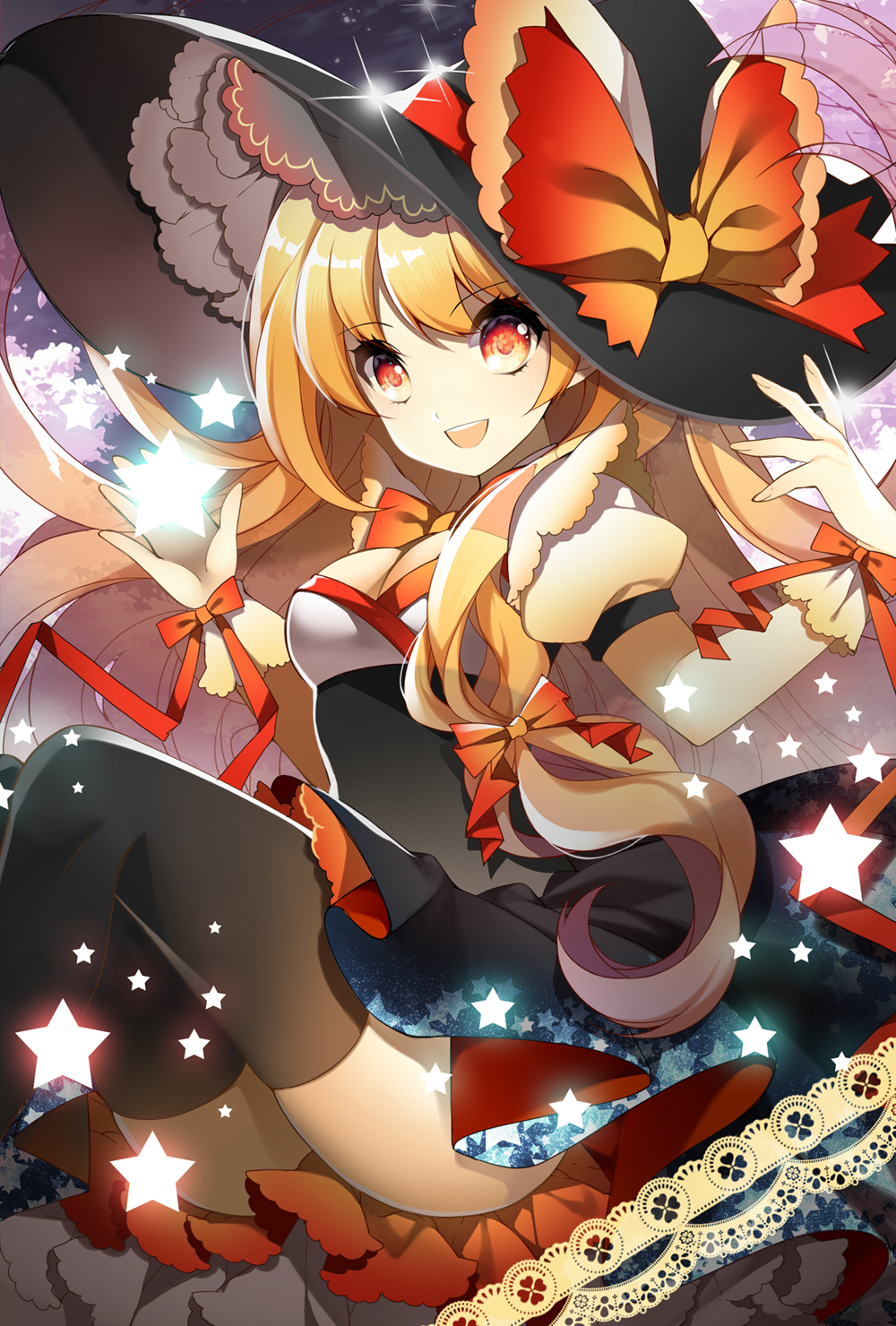 black_legwear blonde_hair bow breasts cleavage hat hat_bow highres kirisame_marisa long_hair medium_breasts open_mouth red_eyes ribbon roh_nam_kyung sitting skindentation smile solo star star_print thighhighs touhou witch_hat wrist_cuffs