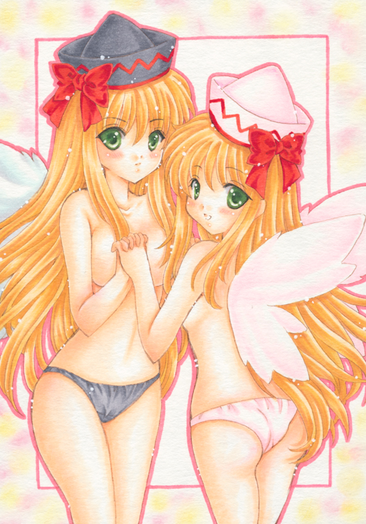 ass blush dual_persona green_eyes hat holding_hands lily_black lily_white long_hair multiple_girls open_mouth panties ribbon satsuki_(gogotaru) topless touhou traditional_media underwear underwear_only wings