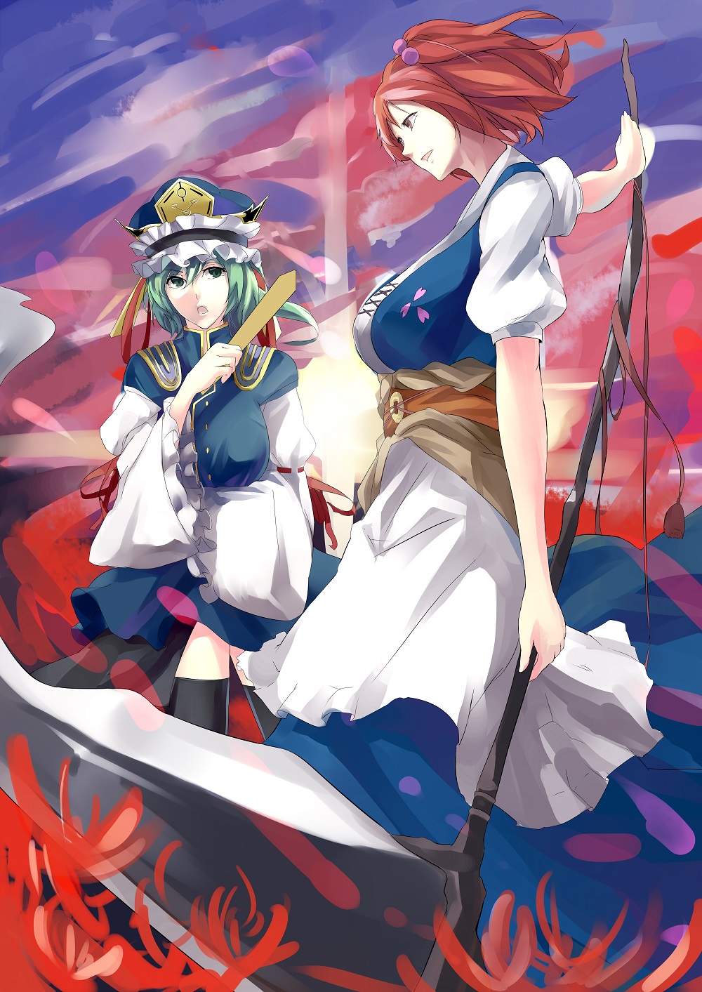 breasts flower frills hair_bobbles hair_ornament height_difference highres japanese_clothes large_breasts light_rays multiple_girls onozuka_komachi rod_of_remorse scolding scythe shiki_eiki short_hair sky spider_lily sunbeam sunlight thighhighs three_k_(spiritus_no_honoo) touhou wide_sleeves zettai_ryouiki