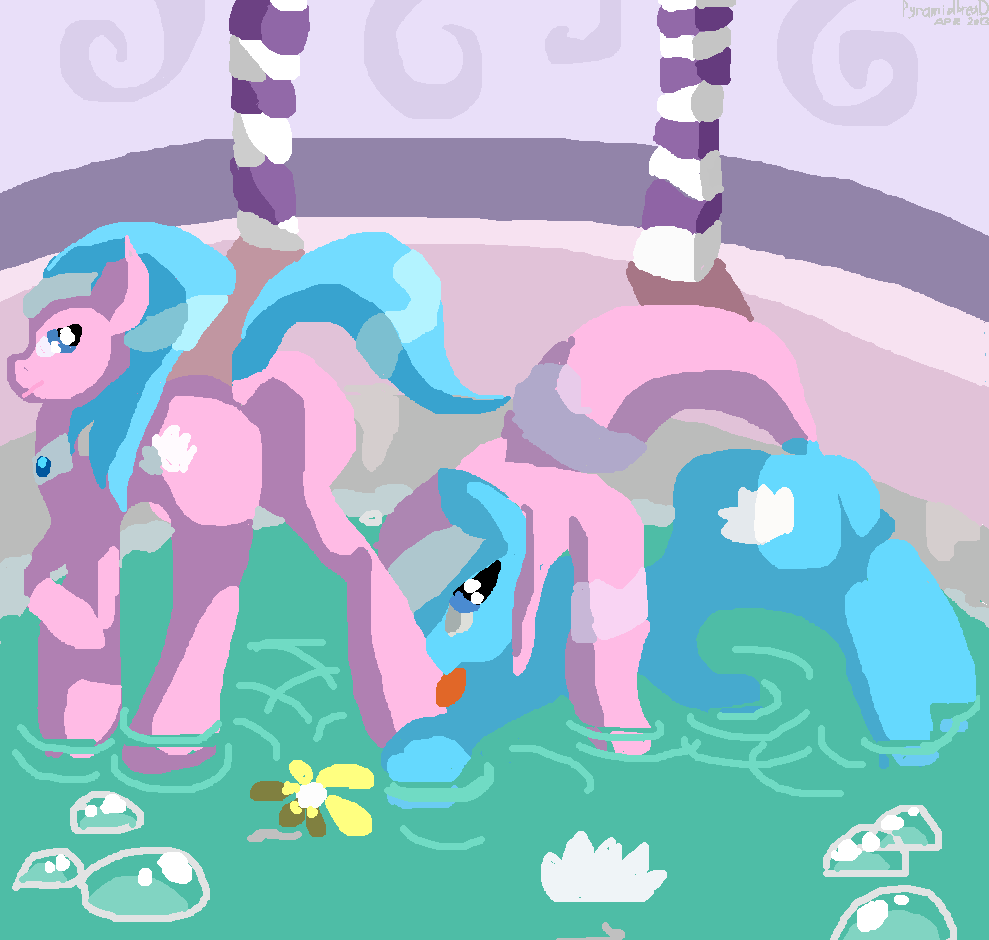 abstract_background aloe_(mlp) blue_eyes blue_fur blue_hair butt cutie_mark duo equine female feral friendship_is_magic fur hair horse licking looking_at_viewer lotus_(mlp) mammal my_little_pony pink_fur pink_hair pony pyramidbread sibling sisters tongue tongue_out water