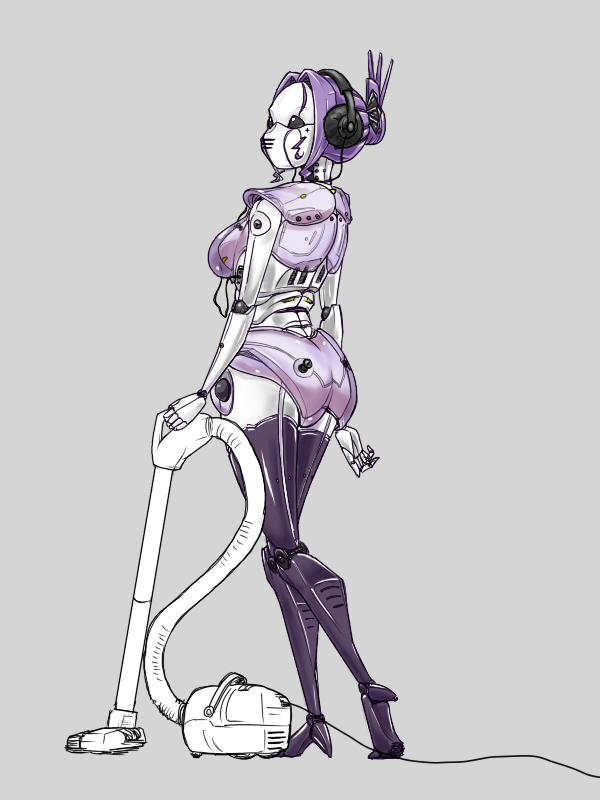 breasts butt cable female grey_background headphones high_heels human_being_bizarre human_being_bizarre_(artist) legwear machine maid maid_uniform mechanical not_furry plain_background robot side_boob solo standing thigh_highs vacuum white_body