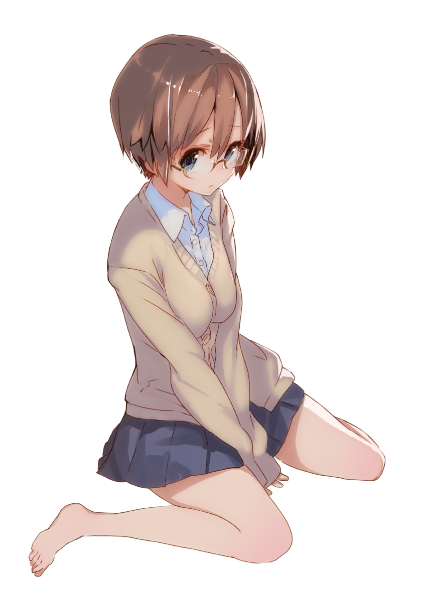 bare_legs barefoot black_eyes blue_eyes blush brown_hair cardigan glasses highres looking_at_viewer original school_uniform shirabi short_hair simple_background sitting skirt sleeves_past_wrists solo sweater v_arms wariza white_background