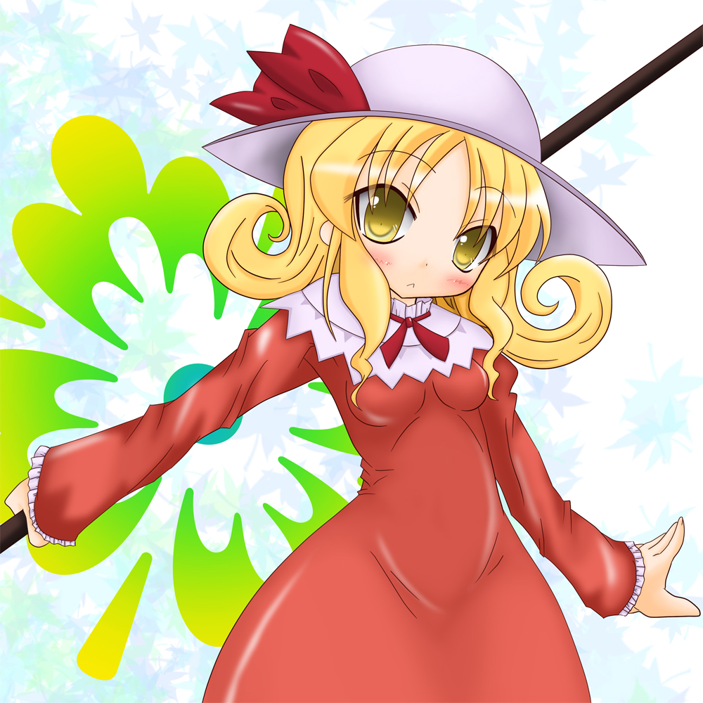 :&lt; bad_id bad_pixiv_id blonde_hair blush dress elly flower hat hat_ribbon high_collar holding holding_scythe leaf long_hair long_sleeves looking_at_viewer maple_leaf o_omune_(kagu8) outstretched_arm pole ribbon scythe solo touhou touhou_(pc-98) white_background yellow_eyes