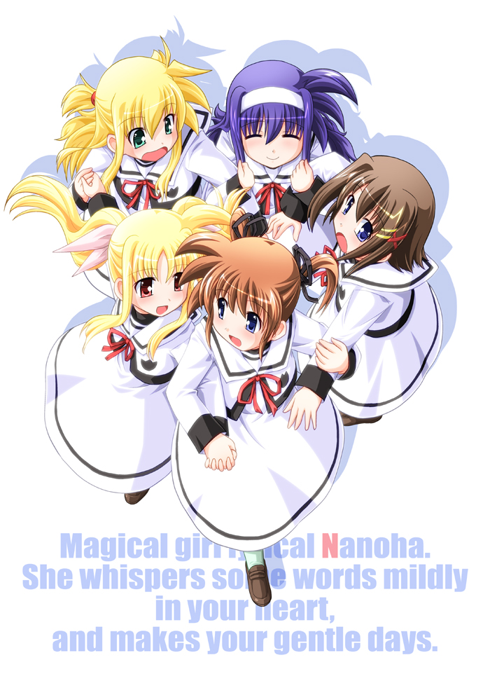 arisa_bannings blonde_hair blue_eyes brown_hair closed_eyes copyright_name english fate_testarossa green_eyes hair_ribbon holding_hands long_hair long_sleeves lyrical_nanoha mahou_shoujo_lyrical_nanoha mahou_shoujo_lyrical_nanoha_a's multiple_girls open_mouth purple_hair red_eyes red_ribbon ribbon school_uniform seishou_elementary_school_uniform short_hair short_twintails smile sumeragi_kou takamachi_nanoha tsukimura_suzuka twintails two_side_up yagami_hayate