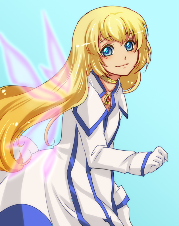 alternate_wings blonde_hair blue_background blue_eyes choker collet_brunel gloves jewelry kamabo_ko long_hair necklace simple_background smile solo tales_of_(series) tales_of_symphonia wings