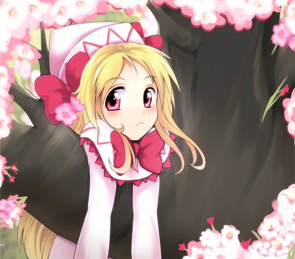 bad_id bad_pixiv_id blonde_hair bow capelet cherry_blossoms dress ginji74 hanging hat hat_bow lily_white long_hair looking_at_viewer pink_eyes solo touhou tree white_dress