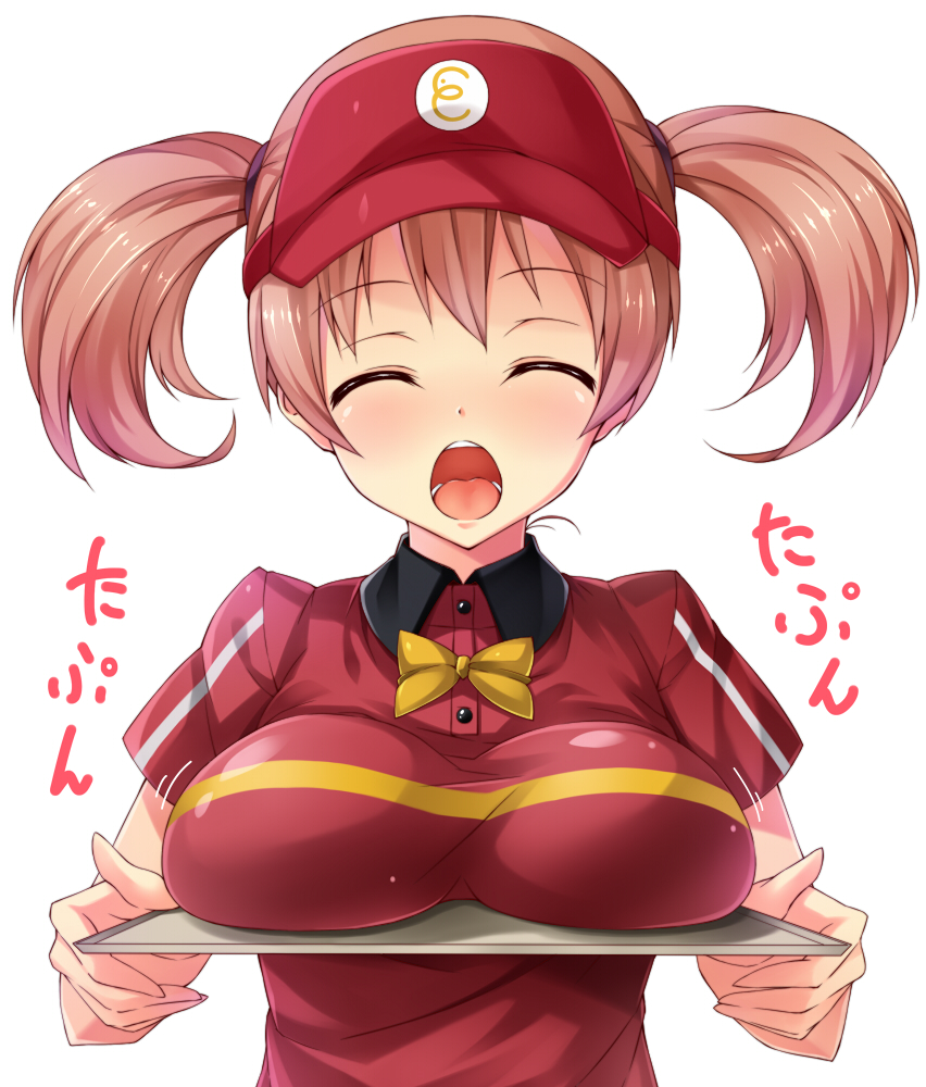 :o alternate_breast_size breast_rest breasts breasts_on_tray brown_hair carried_breast_rest check_translation closed_eyes employee_uniform fast_food_uniform hataraku_maou-sama! kuragari large_breasts older open_mouth polo_shirt sasaki_chiho solo translation_request tray twintails uniform visor_cap