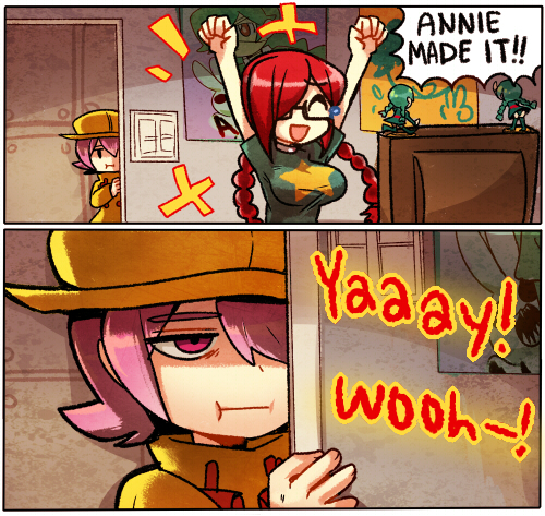 2koma :t alternate_costume alternate_hairstyle annie_(skullgirls) annie_(skullgirls)_(cosplay) arms_up braid breasts closed_eyes comic commentary cosplay downscaled english figure glasses happy hat impossible_clothes impossible_shirt kataro large_breasts long_hair lowres md5_mismatch multiple_girls panties parasoul_(skullgirls) pink_eyes pink_hair poster_(object) red_hair resized shirt short_hair siblings sisters skullgirls tears thighhighs twin_braids umbrella_(skullgirls) underwear