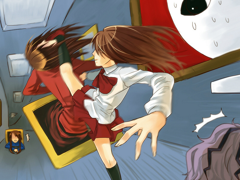 1boy 3girls ascot back black_legwear brown_hair ceiling ceiling_light clenched_hand closed_mouth collared_shirt dress emphasis_lines fio_xiang floating_hair floor frame garry_(ib) hallway high_kick ib ib_(ib) indoors kicking kneehighs lady_in_blue_(ib) lady_in_red_(ib) leg_up long_hair long_sleeves looking_at_another lying miniskirt motion_blur multiple_girls no_eyes on_floor on_stomach open_hand out_of_frame outstretched_arms painting_(object) purple_hair red_dress red_footwear red_skirt shirt shoes skirt surprised sweat sweatdrop sweating_profusely through_screen wall white_shirt