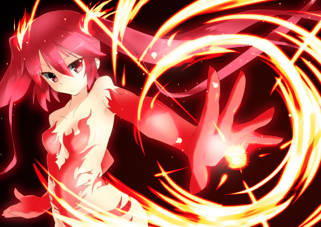 bare_shoulders breasts cthugha_(nyaruko-san) elbow_gloves fiery_hair fire fireball flame gloves haiyore!_nyaruko-san long_hair medium_breasts outstretched_arm phi_fai red_eyes red_hair solo twintails