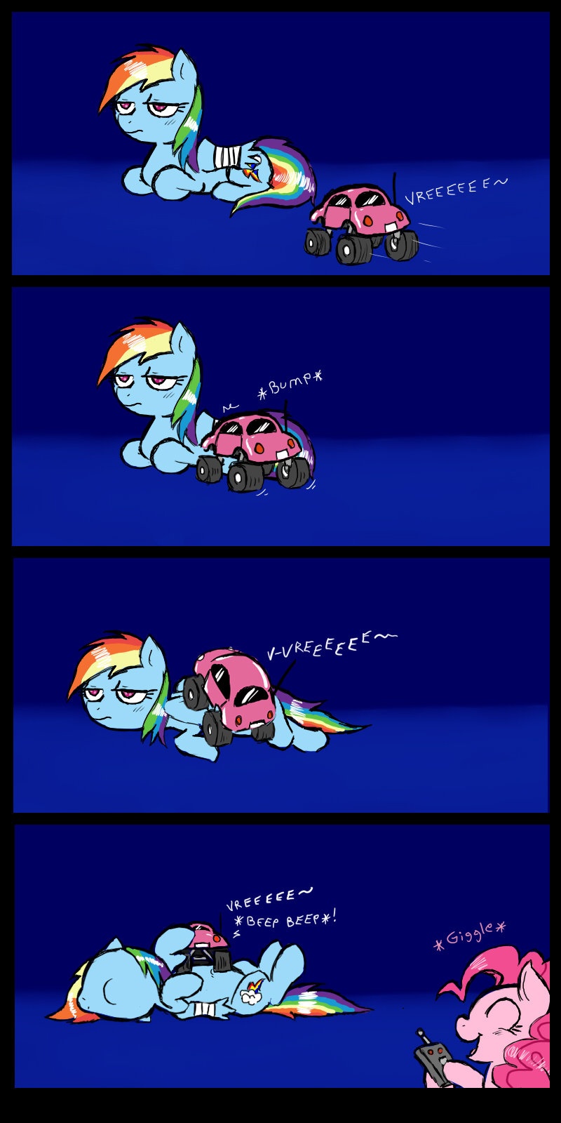 car comic equine eyes_closed female feral friendship_is_magic hair horse ichibangravity mammal multi-colored_hair my_little_pony pegasus pink_hair pinkie_pie_(mlp) pony purple_eyes rainbow_dash_(mlp) rainbow_hair remote toy toy_car wings wounded