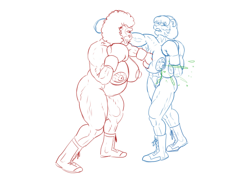abs anthro bear biceps big_breasts boots boxing boxing_gloves breast_grab breast_squeeze breast_squish breasts duo female gloves gorilla hair hellbridge inks line_art mammal monochrome muscles muscular_female nipples nude polar_bear primate punch pussy shoe short_hair standing