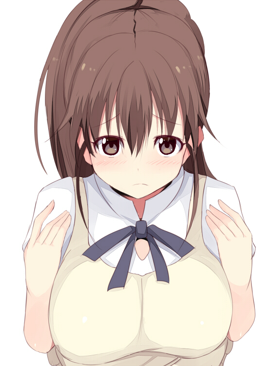 apron bad_id bad_pixiv_id breasts brown_eyes brown_hair der_(derm9) frown large_breasts long_hair long_ponytail ponytail simple_background solo taneshima_popura waitress working!!
