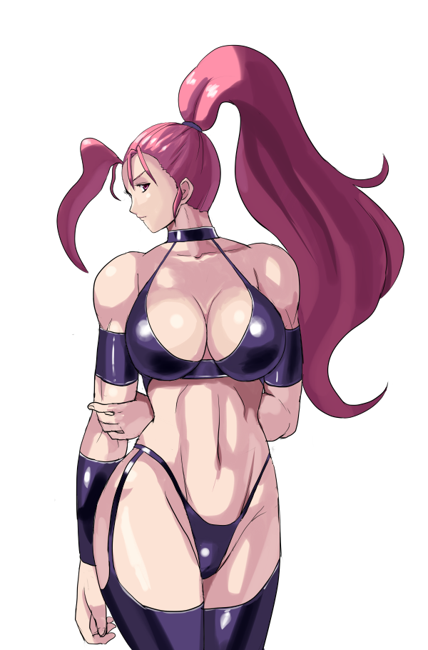 78_(tky8) ahoge arm_behind_back bare_shoulders bikini boots breasts captain_commando carol_(captain_commando) choker cleavage garter_straps hand_on_own_arm high_ponytail huge_ahoge large_breasts long_hair pink_eyes pink_hair ponytail solo swimsuit thigh_boots thighhighs thong_bikini vambraces