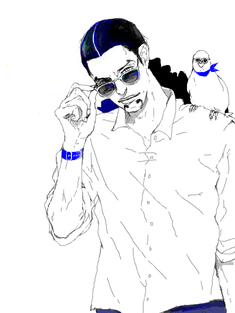 1boy adjusting_glasses bird blue collared_shirt cp9 facial_hair glasses goatee hattori_(one_piece) looking_at_viewer male male_focus monochrome one_piece pigeon pixiv_manga_sample rob_lucci shirt shoulder_perch solo spot_color sunglasses toba_(chuckle-head)