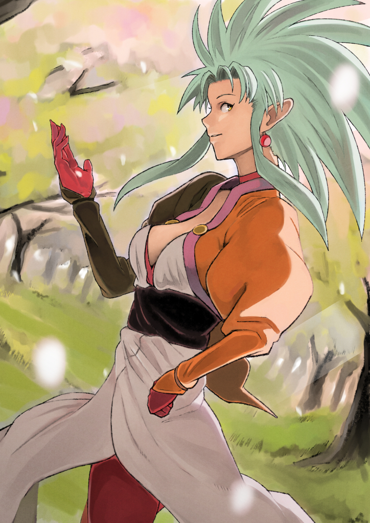 bad_id bad_pixiv_id blue_hair breasts cleavage earrings gloves jewelry medium_breasts petals pointy_ears rano ryouko_(tenchi_muyou!) solo spiked_hair tenchi_muyou! tree yellow_eyes