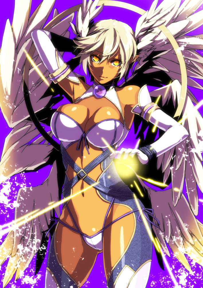 arm_up bad_id bad_pixiv_id banned_artist breasts closed_mouth contrapposto cowboy_shot dark_skin elbow_gloves gloves large_breasts looking_to_the_side panties s_tanly short_hair side-tie_panties smirk solo standing underwear white_hair wings yellow_eyes