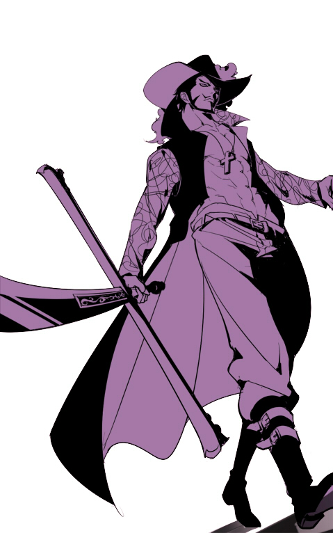 1boy abs artist_request boots chinstrap dracule_mihawk full_body hat hat_feather jewelry lining male male_focus mocchiri_oyaji monochrome necklace one_piece open_clothes open_shirt popped_collar purple shichibukai shirt simple_background solo source sword walking weapon white_background