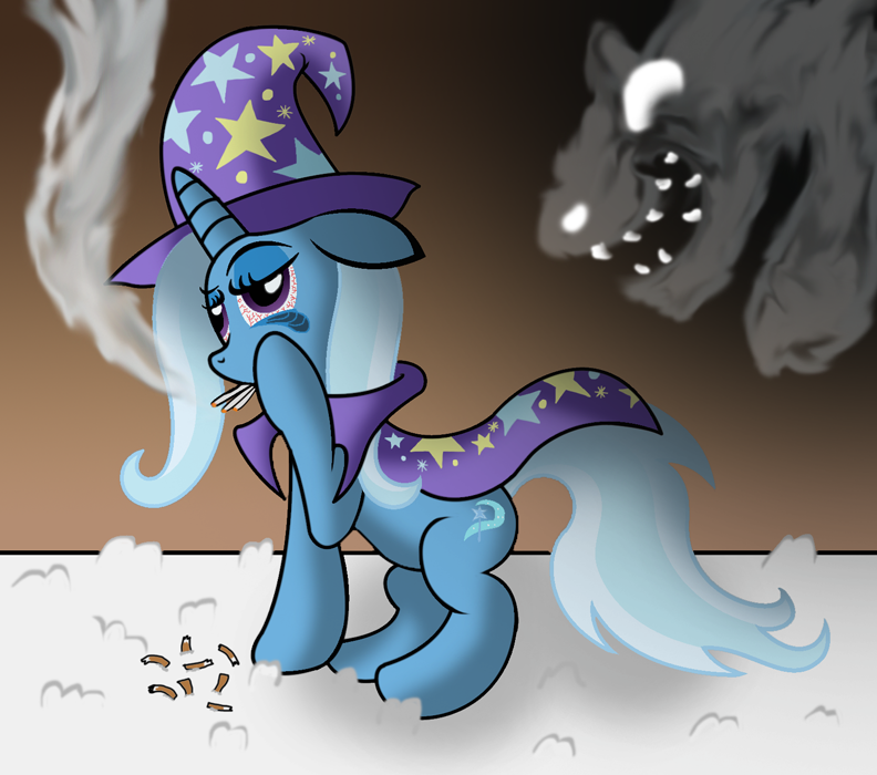 cape cigarette cutie_mark equine female feral friendship_is_magic fur hair half-closed_eyes hat homeless horn horse mammal my_little_pony pony purple_eyes semi-grimdark smoking snow trixie_(mlp) two_tone_hair unicorn wizard_hat ziemniax