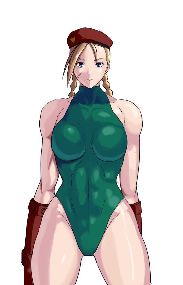 78_(tky8) abs bare_shoulders beret blonde_hair blue_eyes braid breasts cammy_white fingerless_gloves gloves green_leotard hat large_breasts leotard long_hair muscle muscular_female scar solo street_fighter twin_braids