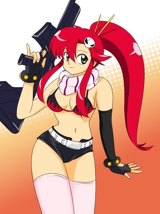 belt bikini_top black_eyes breasts cleavage elbow_gloves fingerless_gloves gloves hair_ornament hips kj_(artist) legs long_hair looking_at_viewer navel ponytail red_hair scarf short_shorts shorts simple_background skull smile standing tengen_toppa_gurren_lagann thighs weapon white_legwear yoko_littner