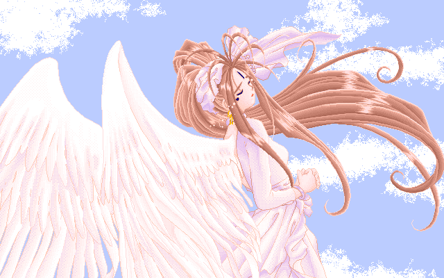 aa_megami-sama ahoge backless_outfit belldandy brown_hair closed_eyes cloud day dress earrings facial_mark forehead_mark hands_clasped jewelry large_wings long_hair own_hands_together pixel_art praying sky solo source_request sparkle very_long_hair wings