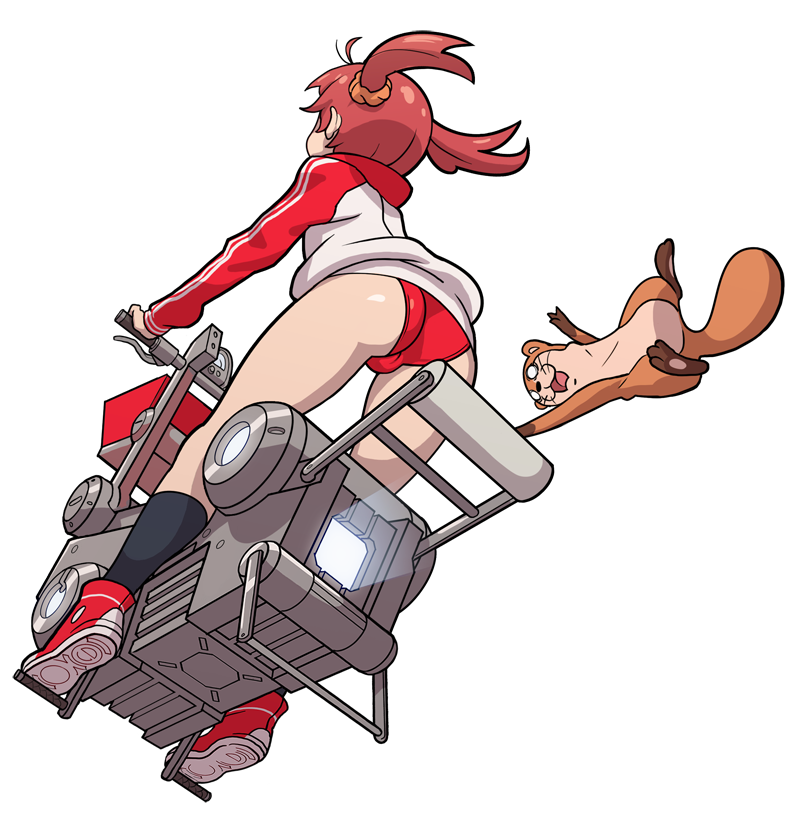 ahoge ass bad_id bad_pixiv_id buruma converse erotibot from_behind from_below hair_ornament hair_scrunchie hover_bike isshiki_akane jacket orange_scrunchie otter red_buruma red_hair scrunchie shoes short_twintails sneakers socks solo track_jacket twintails uso-kun vividred_operation