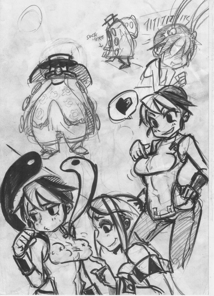 android bare_shoulders big_band bird breast_padding breast_poke breasts cerebella_(skullgirls) chinese_clothes eccma417 feathers feng_(skullgirls) greyscale hat heart instrument large_breasts monochrome multicolored_hair multiple_girls poking saxophone short_hair skullgirls spoken_heart two-tone_hair vambraces