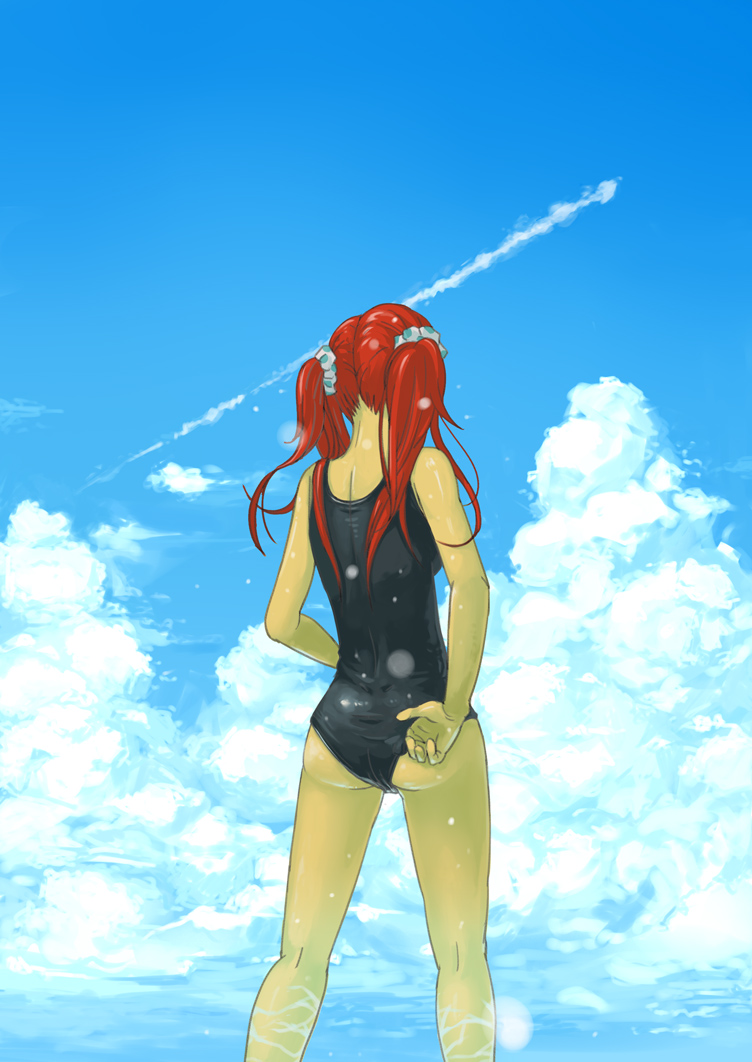 adjusting_clothes adjusting_swimsuit ass cloud condensation_trail day from_behind garsuke long_hair one-piece_swimsuit original red_hair sky solo swimsuit twintails