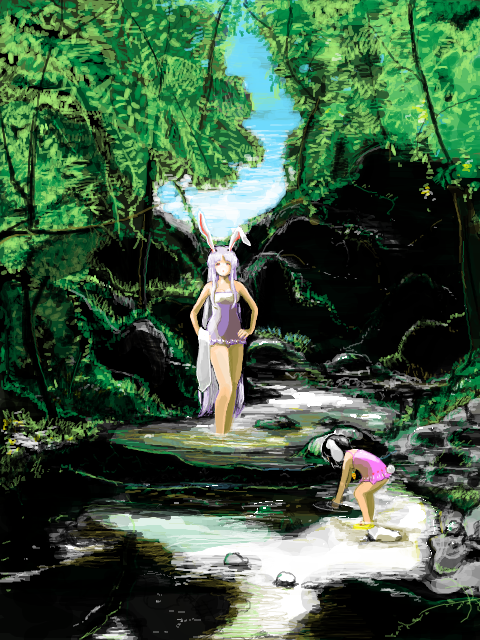 animal_ears bunny_ears forest hands_on_hips inaba_tewi long_hair multiple_girls nature oimoimomo reisen_udongein_inaba river standing touhou tree very_long_hair