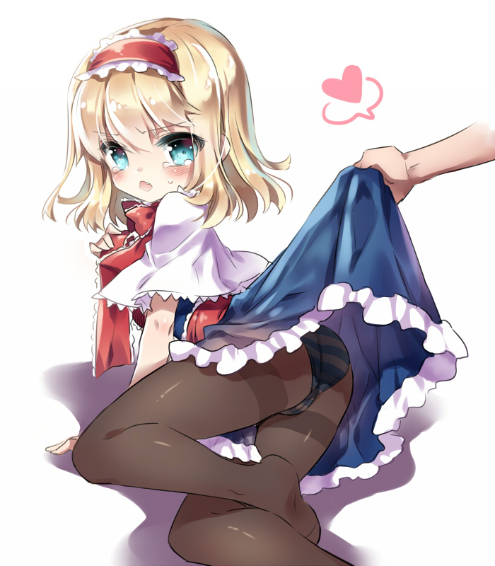 1girl alice_margatroid back black_legwear blonde_hair blue_eyes capelet crotch_seam dress hairband hands manle panties panties_under_pantyhose pantyhose sash short_hair sitting skirt skirt_lift solo_focus striped striped_panties tears thighband_pantyhose touhou underwear