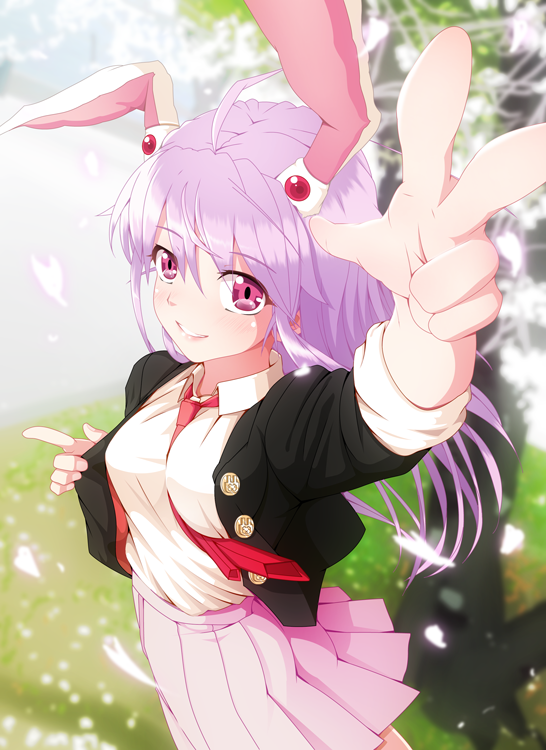 ahoge animal_ears blazer blurry bunny_ears clothes_grab extra_ears foreshortening jacket long_hair necktie noukatu petals pink_eyes pleated_skirt purple_hair red_neckwear reisen_udongein_inaba skirt smile solo touhou v