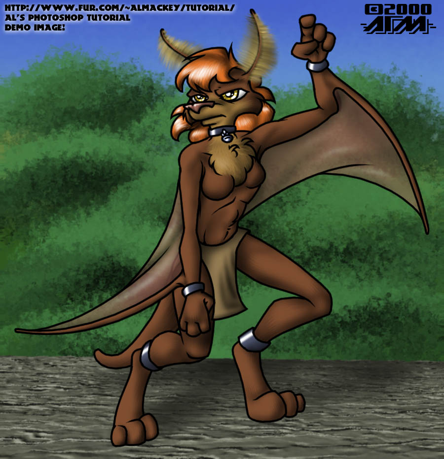3_toes 4_fingers al_mackey antennae armband bat breasts brown_fur chest_tuft collar female fist fur hair leg_band loincloth looking_at_viewer mammal orange_hair outside pink_nose red_hair sky solo standing topless tuft winged_arms wings yellow_eyes