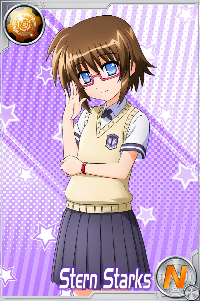 adjusting_eyewear artist_request blue_eyes brown_hair character_name glasses lyrical_nanoha mahou_shoujo_lyrical_nanoha mahou_shoujo_lyrical_nanoha_innocent material-s private_ten'ou_middle_school_uniform school_uniform short_hair short_sleeves skirt solo star stern_starks sweater_vest wristband