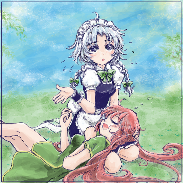 :o ahoge apron blue_eyes blue_sky bow braid breasts chinese_clothes closed_eyes cloud flying_sweatdrops grass hair_bow hong_meiling izayoi_sakuya long_hair looking_up lying lying_on_person maid_headdress medium_breasts multiple_girls nanashii_(soregasisan) on_back open_mouth puffy_short_sleeves puffy_sleeves red_hair seiza short_hair short_sleeves silver_hair sitting skirt sky touhou twin_braids very_long_hair vest waist_apron wrist_cuffs