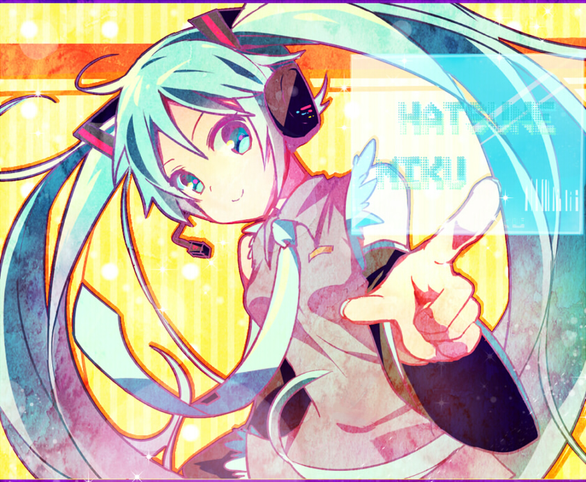 aqua_eyes aqua_hair character_name detached_sleeves hatsune_miku headset k.ei long_hair necktie pointing smile solo twintails vocaloid