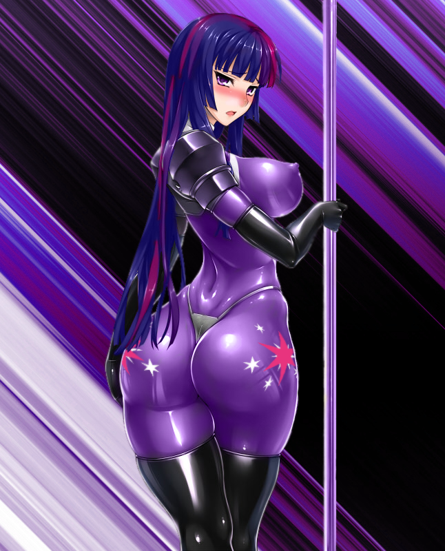 1girl ass blush bodysuit latex latex_gloves multicolored_hair my_little_pony my_little_pony_friendship_is_magic personification photoshop purple_eyes purple_hair rindou_(radical_dream) shiny solo thong twilight_sparkle