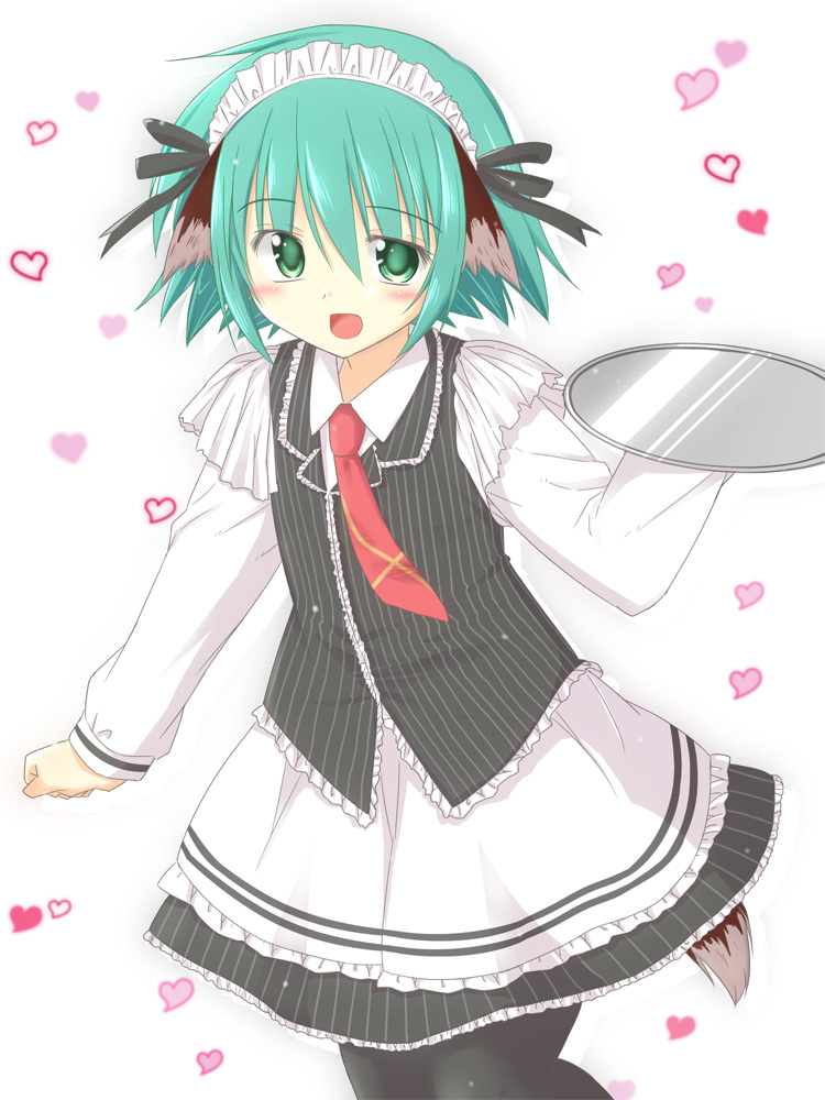 alternate_costume animal_ears apron enmaided green_eyes green_hair hair_ribbon heart kasodani_kyouko kazawa_(tonzura-d) long_sleeves looking_at_viewer maid maid_headdress necktie open_mouth pantyhose ribbon simple_background skirt skirt_set solo tail touhou tray vest waist_apron white_background