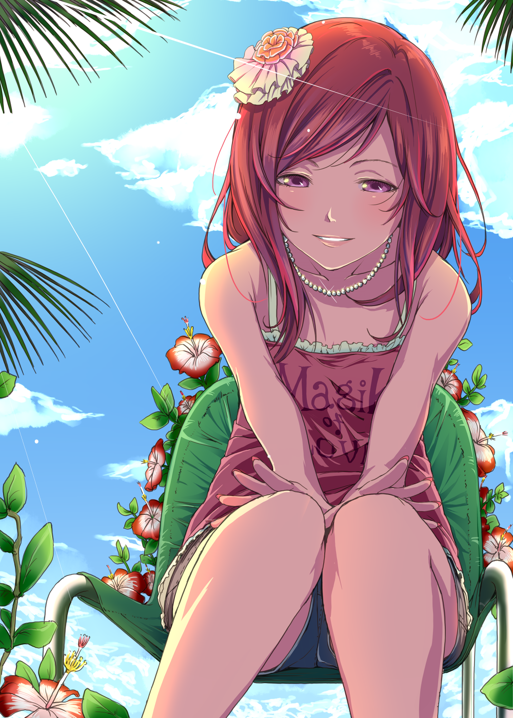 bare_shoulders chair clothes_writing cloud day dress english feet_out_of_frame flower hair_flower hair_ornament highres jewelry long_hair love_live! love_live!_school_idol_project necklace nishikino_maki nishiuri_warito parted_lips pearl purple_eyes red_hair sitting sky smile solo sunlight tree v_arms