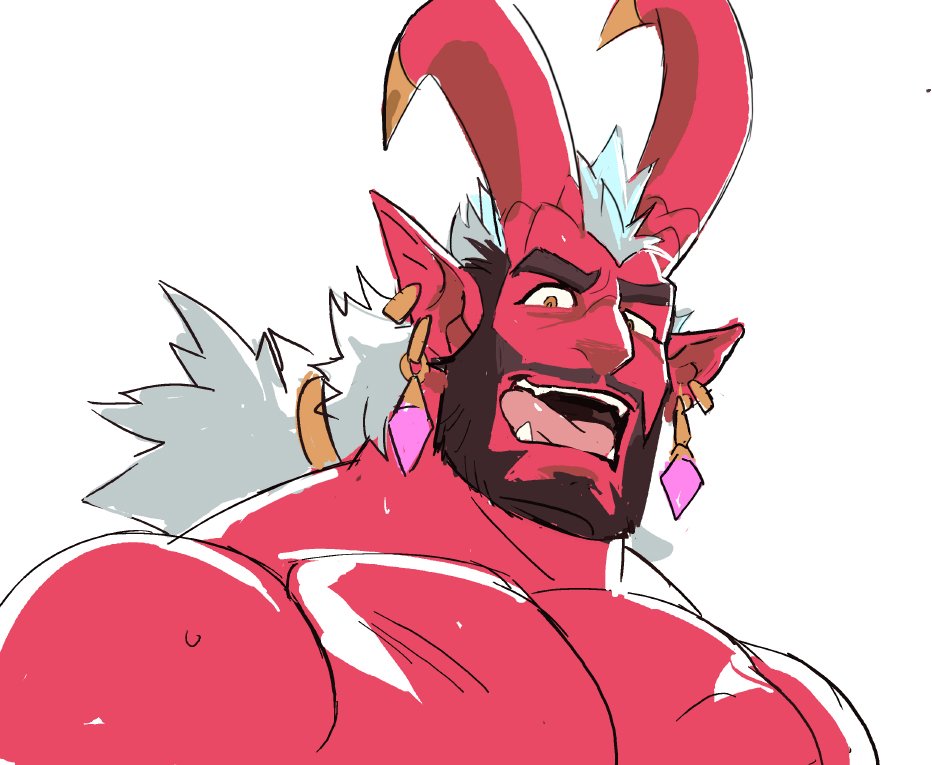 1boy bara beard colored_skin curled_horns demon_(saltypoundcake) demon_boy facial_hair full_beard hand_fan horns large_horns large_pectorals looking_at_viewer male_focus mature_male mismatched_eyebrows monster_boy muscular muscular_male nude original pectorals red_skin saltypoundcake seductive_smile skin-covered_horns smile solo sweat thick_eyebrows upper_body white_hair