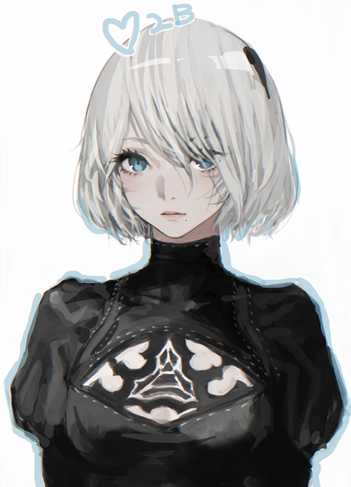 1girl 2b_(nier:automata) 2boys black_dress blue_eyes breasts d.k dress expressionless grey_hair heart looking_at_viewer mole mole_under_mouth multiple_boys nier:automata nier_(series) short_hair simple_background sketch small_breasts solo upper_body white_background