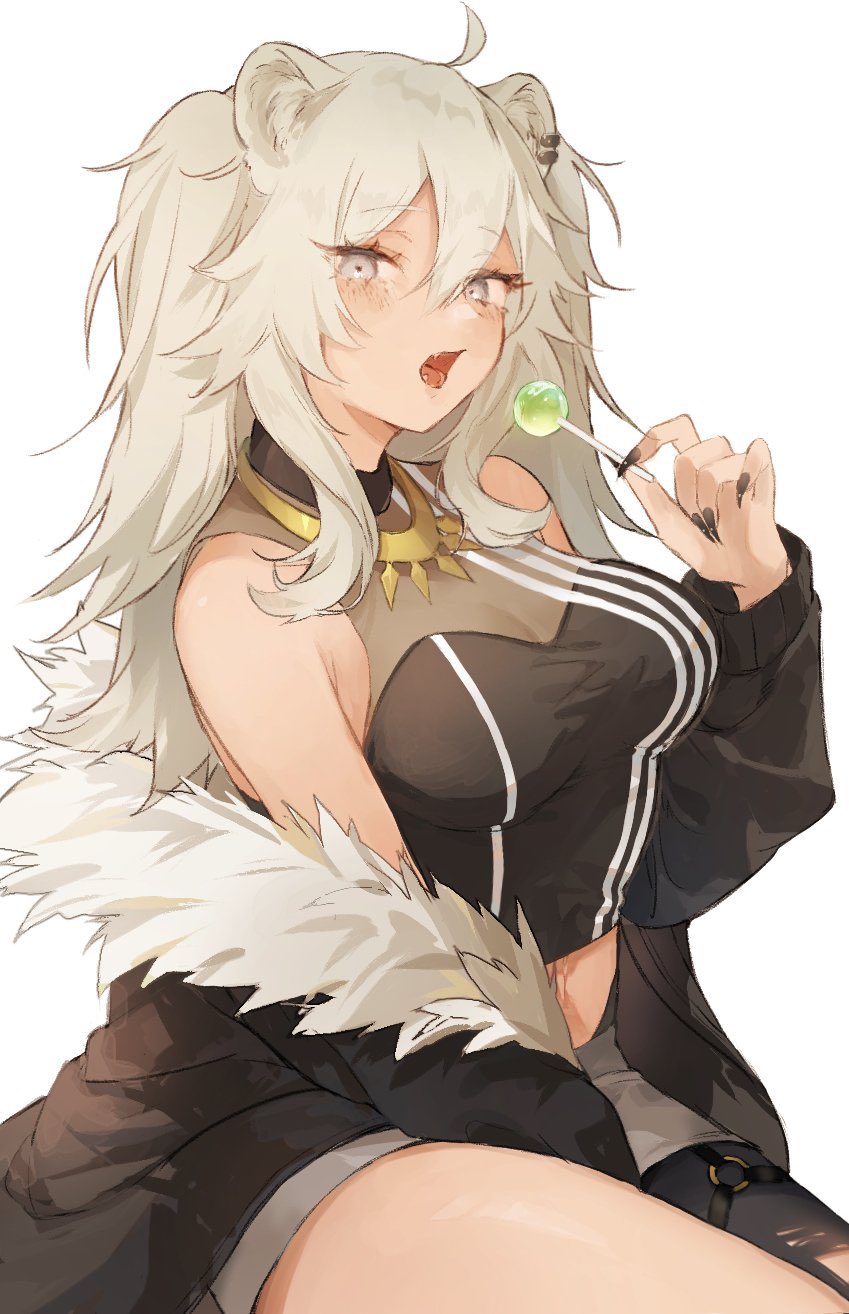 1girl animal_ears bare_shoulders black_jacket breasts candy cleavage commentary_request crop_top fang food fur-trimmed_jacket fur_trim gold_necklace grey_eyes grey_hair grey_skirt hair_between_eyes highres holding holding_candy holding_food hololive jacket jewelry kumono_nnn large_breasts lion_ears lion_girl lollipop looking_at_viewer messy_hair midriff necklace off_shoulder open_clothes open_jacket open_mouth pantyhose see-through see-through_cleavage shishiro_botan shishiro_botan_(1st_costume) single_leg_pantyhose sitting skin_fang skirt sleeveless solo torn_clothes torn_pantyhose two_side_up virtual_youtuber