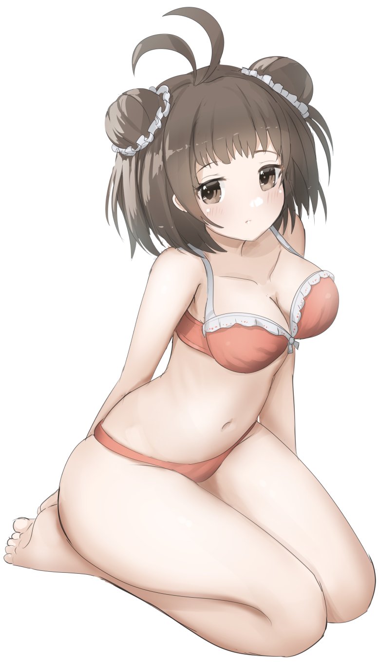 1girl antenna_hair barefoot bra breasts brown_eyes brown_hair cleavage double_bun frilled_bra frills hair_bun highres kantai_collection medium_breasts naka_(kancolle) one-hour_drawing_challenge orange_bra orange_panties panties redundant-cat seiza short_hair simple_background sitting solo underwear underwear_only white_background