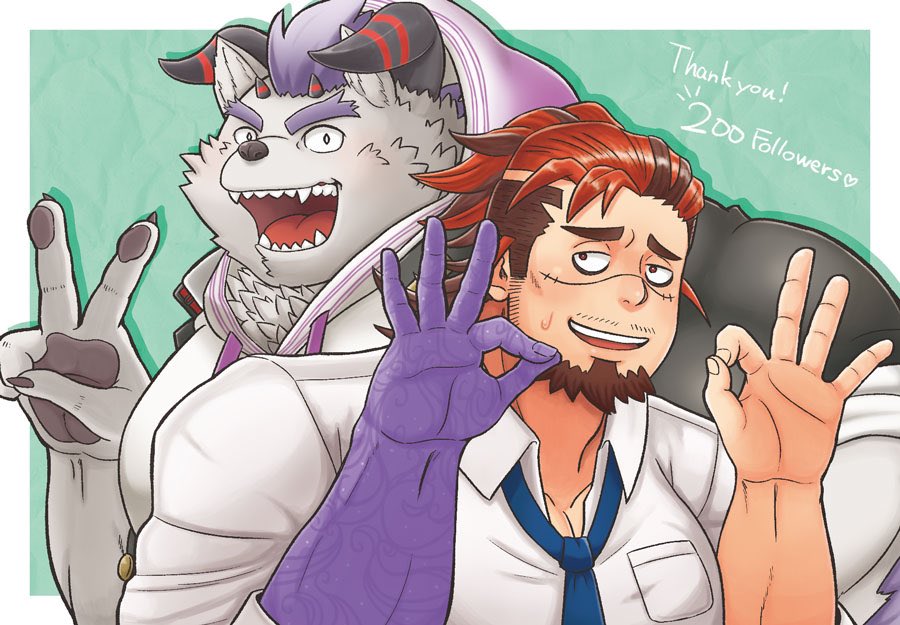 anthro behemoth_(housamo) boogeyman_(tas) clothing duo facial_hair fur gesture hair hoodie human lifewonders male mammal monster necktie pecs purple_hair scar smile tokyo_afterschool_summoners topwear tyumuta_03 v_sign white_body white_fur