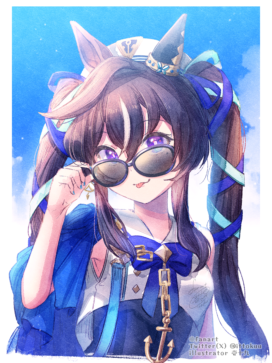 1girl :3 adjusting_eyewear anchor_ornament animal_ears bare_arms black-framed_eyewear blue_bow blue_bowtie blue_nails blue_ribbon blue_sky border bow bowtie brown_hair commentary_request ear_covers glasses hair_ribbon hand_on_eyewear hat highres horse_ears horse_girl horse_tail ittokyu long_hair looking_at_viewer multicolored_hair partial_commentary purple_eyes removing_eyewear ribbon shirt sidelocks single_ear_cover sky solo tail tongue tongue_out twintails twitter_username umamusume vivlos_(umamusume) white_border white_hair white_headwear white_shirt