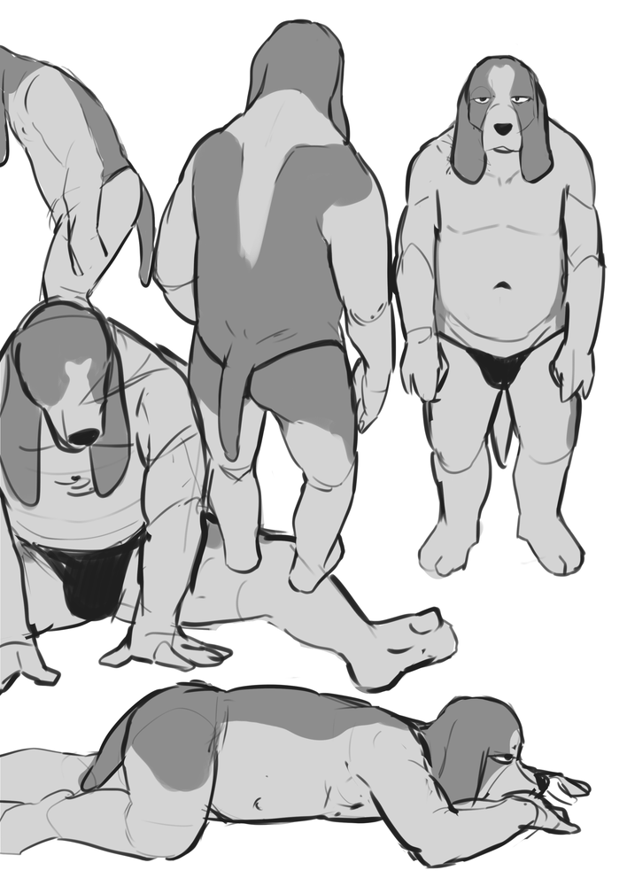 anthro basset_hound bulge butt canid canine canis clothed clothing domestic_dog floppy_ears fur hunting_dog looking_at_viewer lop_ears lying male mammal manmosu_marimo monochrome navel nude on_front overweight overweight_anthro overweight_male scent_hound simple_background sitting sketch solo spread_legs spreading standing tail thong thong_only topless underwear underwear_only white_background