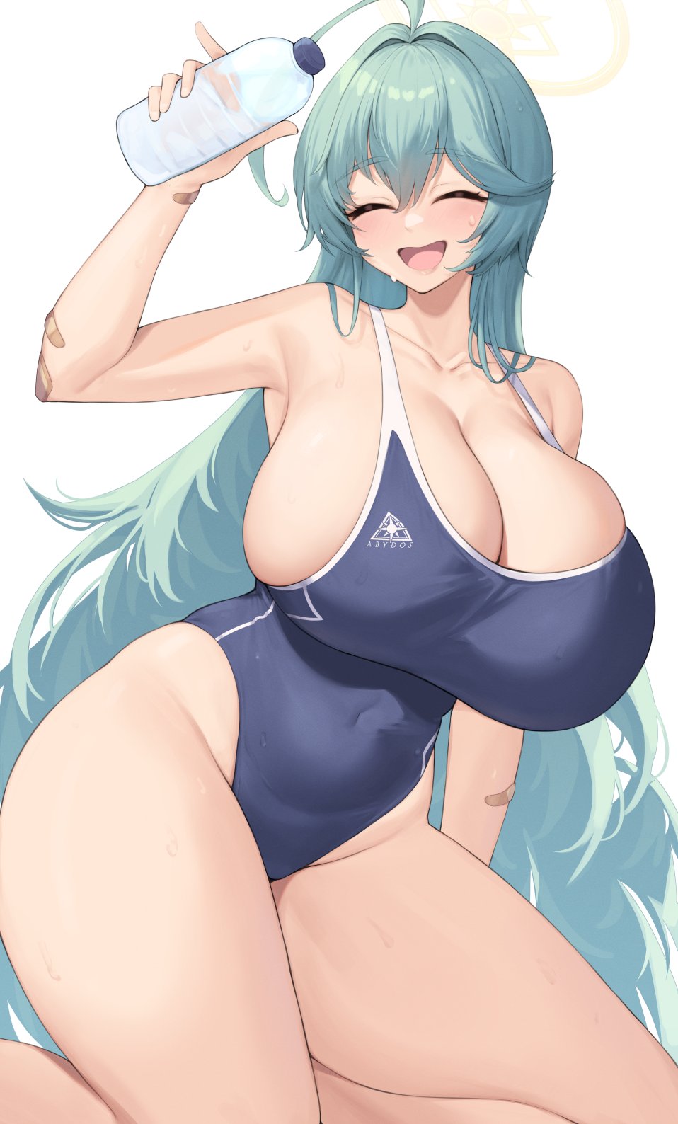 1girl :d ^_^ ahoge aqua_hair arm_up bandaid bare_arms bare_shoulders blue_archive blue_one-piece_swimsuit bottle breasts cleavage closed_eyes commentary covered_navel groin hair_intakes highres holding holding_bottle huge_breasts kneeling kuavera one-piece_swimsuit smile solo swimsuit thighs water_bottle yume_(blue_archive)