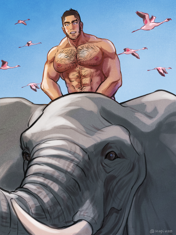 1boy abs arms_at_sides bara beard_stubble bird blue_sky blush buzz_cut elephant facial_hair golden_kamuy hairy happy large_pectorals looking_at_viewer male_focus mature_male muscular muscular_male navel navel_hair nipples nopinzo nude pectorals riding riding_animal short_hair sky solo sparse_chest_hair sparse_navel_hair stomach strongman_waist stubble tanigaki_genjirou thick_eyebrows upper_body very_short_hair
