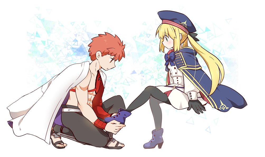 1boy 1girl ankle_boots artoria_caster_(fate) artoria_caster_(second_ascension)_(fate) artoria_pendragon_(fate) belt beret black_bow black_gloves black_pantyhose blonde_hair blue_bow blue_cape blue_capelet blue_headwear boots bow bowtie buttons cape capelet double-breasted emiya_shirou fate/grand_order fate_(series) gloves green_eyes hat high_heel_boots high_heels hood hooded_cape igote kimono_on_shoulders multicolored_cape multicolored_capelet multicolored_cloak multicolored_clothes nagatekkou o-ring o-ring_belt on_one_knee orange_eyes orange_hair pantyhose sandals senji_muramasa_(fate) shoes simple_background sitting toned toned_male topless_male triangle_background tsuchiya_madose twintails white_cape wristband