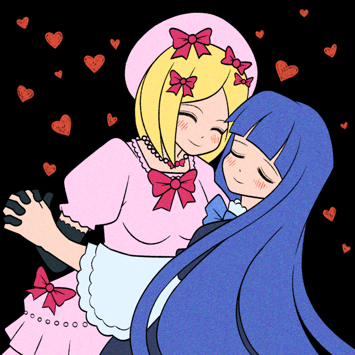 2girls black_background blonde_hair blue_bow blue_bowtie blue_hair blush bow bowtie cryptidhermit dancing dress elbow_gloves frederica_bernkastel frilled_dress frills gloves hair_ornament heart holding_hands jewelry lambdadelta long_hair multiple_girls necklace pearl_necklace pink_dress pink_headwear red_bow red_bowtie short_hair smile umineko_no_naku_koro_ni yuri